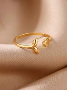 1Pc Dainty Sea Shell Fishtail Ring For Women, Shell Ring, Whale Tail Ring, 18K Gold-Plated Stainless Steel Open Adjustable Ring, Summer Beach Vacation Style Jewelry Fashion Accessories