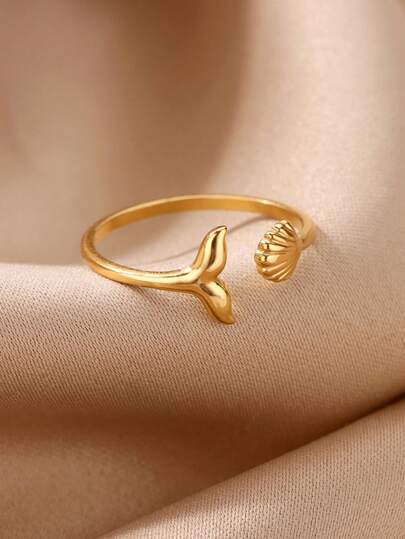 1 chiếc nhẫn đuôi cá vỏ sò xinh xắn dành cho nữ, nhẫn vỏ sò, nhẫn đuôi cá voi, nhẫn thép không gỉ mạ vàng 18K có thể điều chỉnh, trang sức thời trang phong cách kỳ nghỉ hè trên bãi biển