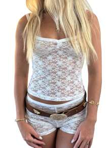 Women Summer 2 Piece Outfits Set See Through Floral Lace Crop Camisole Top Elastic Shorts Sets For Loungewear Soft Streetwear