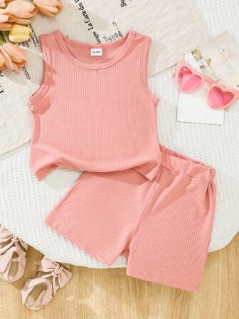 Conjunto de 2 piezas para niña bebé con top de tirantes de unicolor y shorts casuales con decoración de moño, adecuado para usar en deportes al aire libre en verano