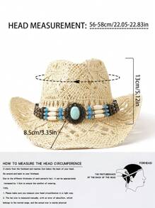 1pc Zirconia Chain Decor Breathable Hollow Out Cowboy Hat, Unisex Fashion Personalized Summer Sun Hat, Suitable For Beach, Vacation, Daily Wear