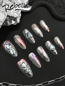 Long, Versatile Almond-Shaped Press-On Nails In Mixed Greens - Durable Metal Finish Perfect For Trendsetters, Easy To Apply For Parties And Daily Wear,DIY, Halloween Nails,Reusable Nail Supplies For Girls, Ladies In Wedding, Party, Holiday Scenes, Gift A Set Of Nail Kit - Multicolor - View 2