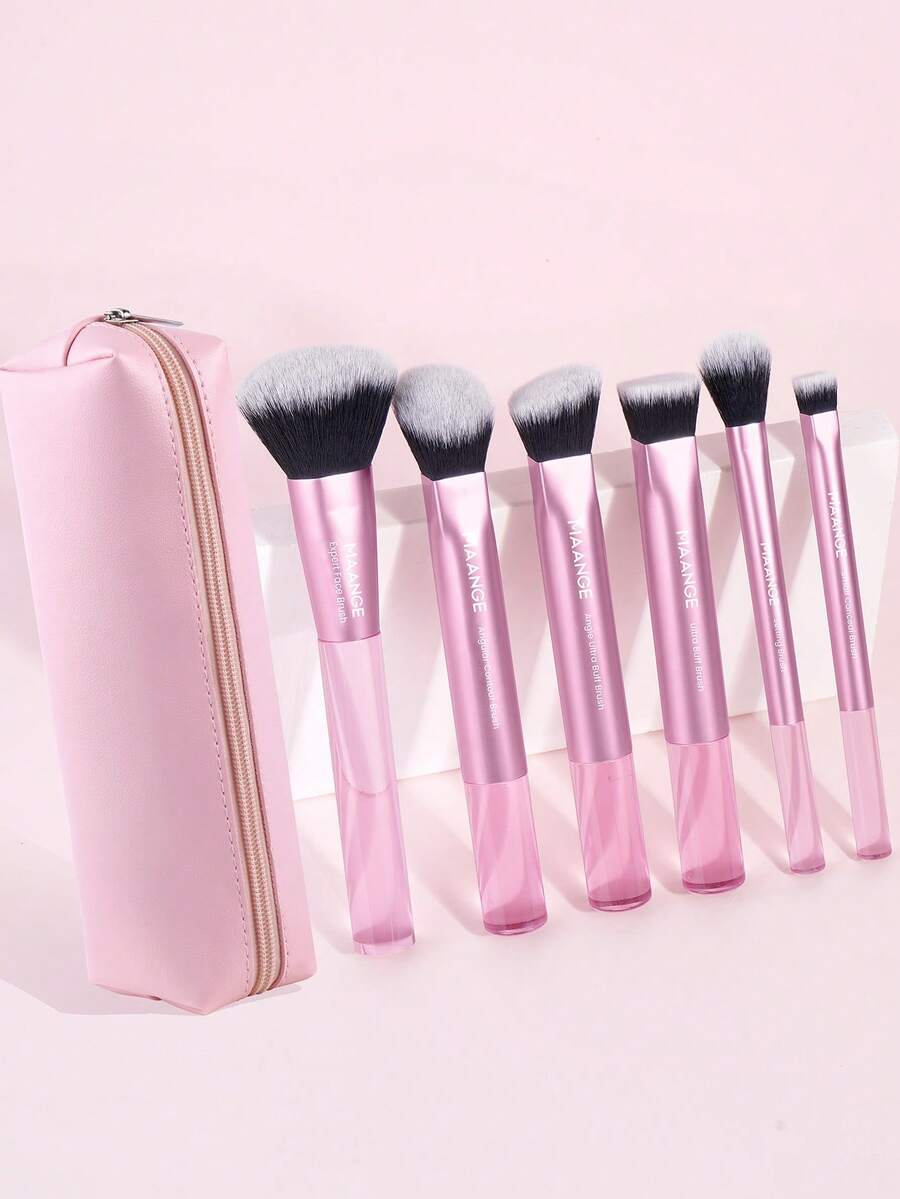 MAANGE 6支装方形铝制化妆刷套装，含化妆包，包括粉底刷、腮红刷、散粉刷、眼影刷、遮瑕刷、高光刷、修容刷、鼻影刷等，是旅行化妆的理想之选，也是送给女性和女孩的礼物。 - 粉色 - 查看 1