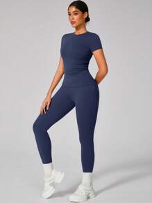 Set aus Damen feuchtigkeitsableitendem Rundhals-Oberteil und Fitnesshose, für Frühling/Sommer