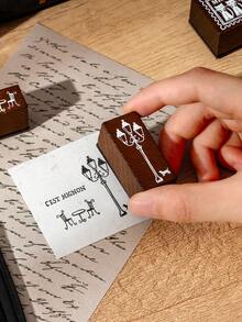 9 Pieces In Vintage Wooden Combination Stamp Set, Creative French Blessing Phrases - Assembled Stamps From Trees, Houses, Street Lamps, Pet Motifs, Suitable For Handbook DIY Photo Album Diary Decoration, Nice And Exquisite Gifts