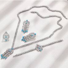 Conjunto de joyería de 5 piezas de turquesa de alta gama para mujeres, que incluye collar, pulsera, anillo y pendientes con flecos de turquesa, adecuado para fiestas y vestidos de noche, realizado en cobre chapado con circonita AAA, piedras de turquesa natural de calidad premium, para el verano