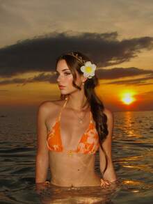 Conjunto de 2 piezas de bikini con estampado total, espalda descubierta, lazo trasero y abertura lateral, traje de baño sexy e informal para mujer, ideal para playa y vacaciones de verano