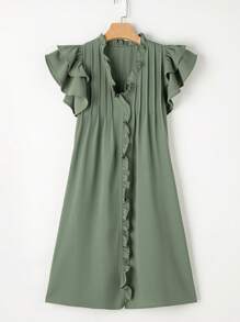 Acelitt Summer Fog Green Ruffled Sleeves V-Neck Ruffled Casual Dress