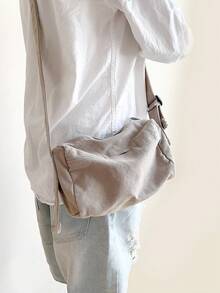 1pc Light Gray Mini Fashion Canvas Bag, Lightweight Foldable Crossbody Small Square Bag, Zipper Closure Portable Small Cloth Bag, Suitable For Daily Shopping, Work Commute, College Style Student Shoulder Bag, Phone Bag With Front Pocket For Keys - Light Grey - View 5