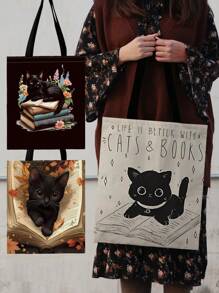 1 pièce Sac fourre-tout en canevas "La vie est meilleure avec des chats et des livres" - Sac à épaule mignon pour amateurs de chats, sac fourre-tout kawaii pour dames, design de chat noir et de livre pour femmes à la mode, sac fourre-tout unique et élégant