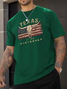 Playera de verano estilo urbano para hombre, estampado gráfico de calavera de toro, cuello redondo, manga corta, 100 % algodón, 220 g, algodón grueso, cómoda. - Verde - Ver 1