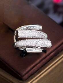 rakol 1pc Luxury Multi-Layer Cubic Zirconia Geometric Decor Open Ring, Suitable For Daily Wear