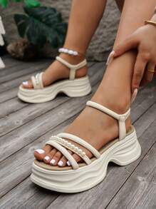Women Summer New Platform Wedge Sandals, Thick Sole Increase Height Slimming Classic Versatile Half-Toe Beach Holiday Shoes, Crystal Decor Pearl Slides Mules
