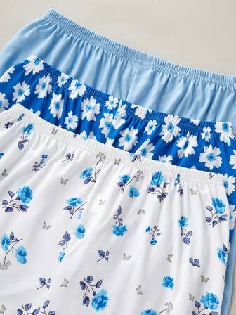 3 Pcs Women Casual 7/8 Pants & Shorts, Daisy & Rose Print, Solid Color, Elastic Waist, Loose Fit Pajama Bottoms