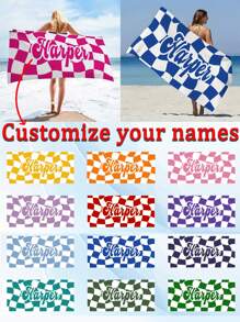 1pc Personalized Custom Name Beach Towel, Twisted Check Pattern, Multicolor, Absorbent, Quick-Drying, Large-Sized, Soft, Comfortable, Pool Towel For Beach Parties, Pool Parties, And Beach Vacations, For Fitness, Yoga, Swimming, And Seaside Trips Back To School