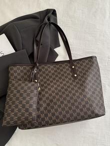 （带零钱包的钱包）新款时尚女士大容量全身印花设计字母图案装饰设计双手柄手提包适合工作和通勤、书包、大容量、便携、经典休闲、商务休闲、适合少女、女大学生、白领、适合工作、返校、中学、高中、大学、度假、时尚手提包带拉链