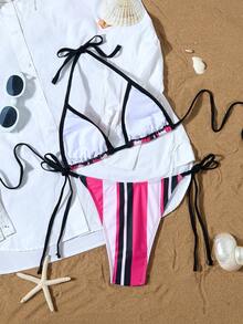 Nouveau 2 pièces/Set Maillot de bain Bikini pour femmes, Maillot de bain avec dos nu, fleurs Ditsy avec accent métallique - Rouge - Voir 2