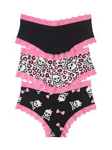 ROMWE Goth 3pcs/Set Women Lace Panty With Leopard, Skull, Letter Print In Pink Design, For Valentine's Day - Pink - View 2