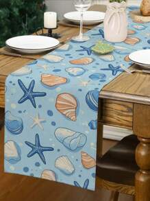 1pc Ocean Theme Turtle, Shell, Coral, Lighthouse Printed Table Runner, Kitchen Dining Room Decor, Holiday Decorative Table Runner, Home Party Decor, Home Decor, Scenic Decor, Outdoor Dining Table, Coffee Table Decorative Flag