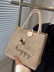 Bolsa feminina multifuncional com pequena bolsa de cosméticos, estampa fofa com abelhas e corações, bolsa grande e bolsa pequena, bolsa de linho, bolsa de armazenamento, sacola de compras com design de letras em estilo festivo, adequada para casamentos, aniversários, praias e feriados, bolsa de linho, bolsa de presente para o dia do professor, bolsa de armazenamento portátil leve e dobrável, bolsa simples, enfermeira, médica, bolsa de armazenamento de agradecimento ao professor, adequada para presente de mãe, cosméticos de viagem pessoal, sacola de compras