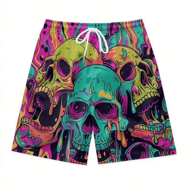 Pantalones cortos casuales para hombre con estampado vibrante de calavera - Secado rápido, tejido de poliéster que absorbe la humedad con cordón y cintura, perfectos para actividades al aire libre y vacaciones en la playa, pantalones cortos de playa