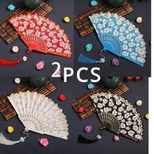 2pcs Retro Cherry Blossom Hand Fans - Romantic Red, Blue, White And Black Plastic Hand Fans - Suitable For Summer, Dance, Photography And Gifts - Perfect For June Festivals, Mother's Day, Graduation, Independence Day, Etc., Cherry Blossom Themed Items