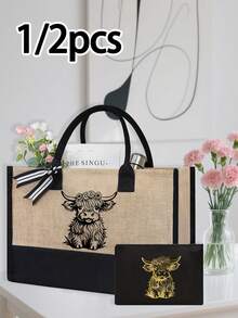 可爱的高地牛主题手提包套装，包括一个手提包和一个黑色零钱包，蝴蝶结豹纹设计高地牛图案，大容量手提包、单肩包、亚麻购物袋、沙滩包；化妆包、指甲油收纳袋