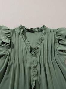 Acelitt Summer Fog Green Ruffled Sleeves V-Neck Ruffled Casual Dress