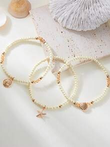 3pcs Summer Boho Starfish & Shell Crystal Beaded Anklets Set, Fashionable And Suitable For Daily Wear Or As Gift - Multicolor - View 4