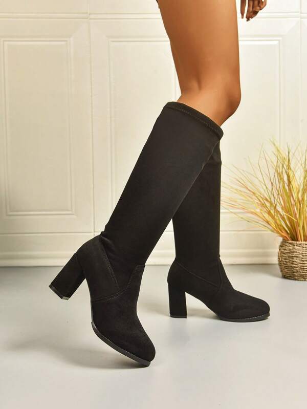 1 Pair Women Elegant Minimalist Fashion High Heel Boots, Suede Tight Over-The-Knee Boots, Classic Black High Heel Tall Boots, Black And Khaki Slimming High Heel Boots