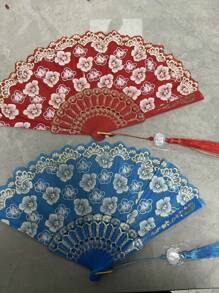 2pcs Retro Cherry Blossom Hand Fans - Romantic Red, Blue, White And Black Plastic Hand Fans - Suitable For Summer, Dance, Photography And Gifts - Perfect For June Festivals, Mother's Day, Graduation, Independence Day, Etc., Cherry Blossom Themed Items