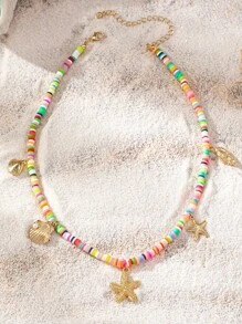 1 Stück Halskette mit Seestern- und Muschelperlen-Anhänger, bohemian Ozean Urlaubsstil, lässige Mode, geeignet für den täglichen Gebrauch