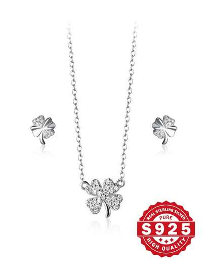 Conjunto de colar e brincos brilhantes de prata esterlina 925 com trevo de 4 folhas, combinação moderna e elegante de brincos, ear cuff e gargantilha, adequado para festas, uso diário e como presente para mulheres no Dia dos Namorados, aniversário, dia das mães, vem em uma linda caixa de presente