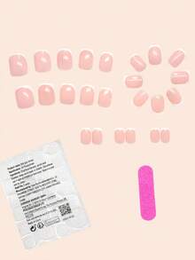 24片装短方形按压式凝胶美甲套装，经典简约法式美甲设计，适合女性和女孩。套装包含1张贴纸和1条迷你果冻凝胶贴片。美甲用品随机发货。 - 白色 - 查看 2