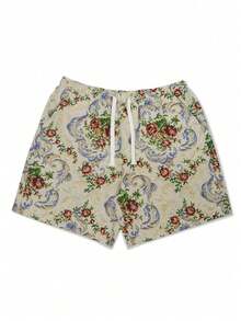 男士休闲日常和海滩度假风格经典绿色花卉编织纹理提花短裤，配有松紧腰带。非常适合春夏季节，也是海滩度假的理想选择，也是送给男朋友或丈夫的绝佳礼物。 - 白色 - 查看 2