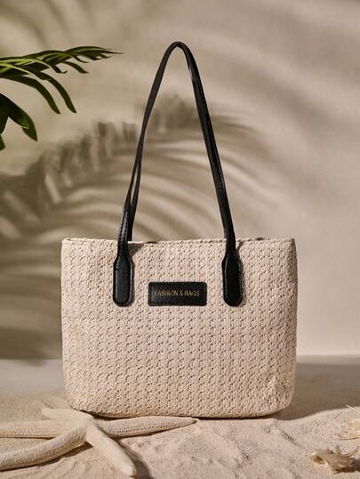 Tropiscape 2 片草编休闲度假沙滩手提包，书包套装，便携，经典休闲，商务休闲，适合青少年女孩、女性、大学生、白领、大学学生，完美适用于办公室、小学、假期、海滩度假氛围，营造轻松的度假海滩秋季圣诞节冬季圣诞礼物