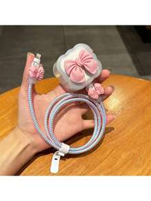 5 Peças/Conjunto de Acessórios de Carregador Compatíveis com Adaptador de Carregador Padrão Britânico de 20W, Incluindo: Protetor de Cabo 16 Pro Max, Enrolador de Cabo, Fixador de Cabo, Cabo Anti-Quebra, Protetor de Cabeça de Carregador em Formato de Laço - Rosa chiclete - Visão 1