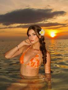 Conjunto de 2 piezas de bikini con estampado total, espalda descubierta, lazo trasero y abertura lateral, traje de baño sexy e informal para mujer, ideal para playa y vacaciones de verano