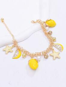 1pc Elegant Women's Jewelry - Starfish, Lemon, Rhinestone & Pearl Fruit Beach Bracelet, Ocean Style Design, Suitable For Vacation Wear - #4 - View 7