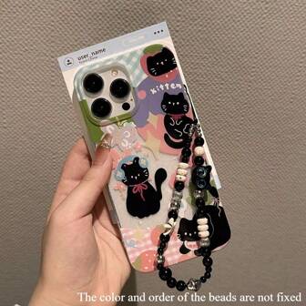1pc Glitter Ins Style Cute Black Cat Sticker Soft Phone Case, Strawberry, Star, Bow Pattern Colorful Cartoon Print Soft Case With Beaded Lanyard, Compatible With Iphone Apple 16/15/14/13/12/11/XR/X/XS/XS Max/7/8/Plus