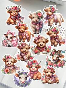 1 Confezione/2 Confezioni Adesivi floreali primaverili ad acquerello per vitello delle Highlands, ideali per DIY, scrapbooking, album, pianificatore, diario, articoli di cartoleria vintage, adatti per ritagli, diari, laptop, progetti fai da te
