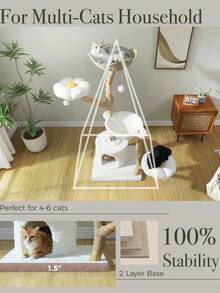 PAWZ Road 59" Modern Cat Tree Tower For Large Cats W/2 Flower Perches-Natural Solid Wood Scratching Post With Real Branch-Luxury Boho Cat Furniture W/Condo & Wicker Basket Bed, Cloud White - 白色 - 查看 5