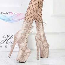 20cm Two Tone Classic Serpentine Fine High Heels, Ultra High Waterproof Platform Strap Steel Tube Dance Shoes, Fashion Queen Short Boots,High Heels For Woman - Apricot - View 2