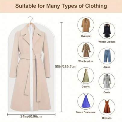 5pcs Zipper Transparent PEVA Garment Covers With Hanger Hook, Suitable For Suits, Jackets And Delicate Fabrics, Wardrobe Organization And Travel Storage