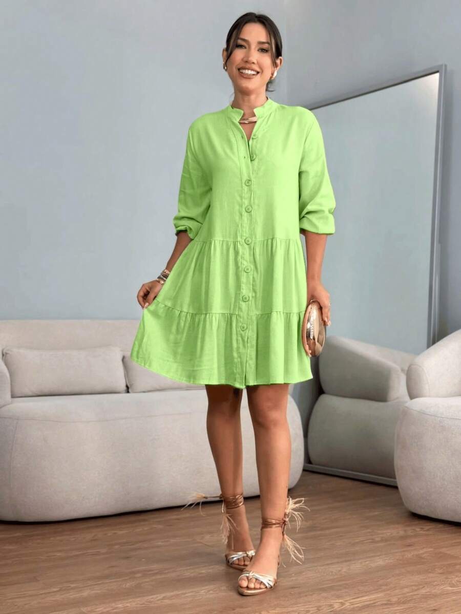 Short Dress With 3/4 Sleeves And Buttons In Linen - Plain Mint Green - View 1