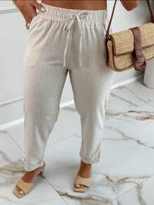 TEREZA Women's Trousers With PREMIUM Linen Italian Hem And Casual Elastic Waistband - 米色 - 查看 1