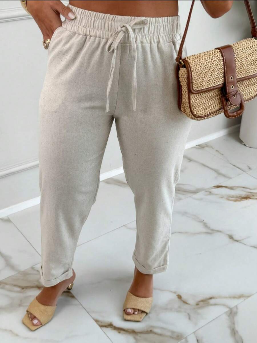 TEREZA Women's Trousers With PREMIUM Linen Italian Hem And Casual Elastic Waistband - 米色 - 查看 1