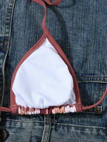 2 件套女士新款时尚露背比基尼套装，碎花金属装饰泳装 - 咖啡棕 - 查看 4