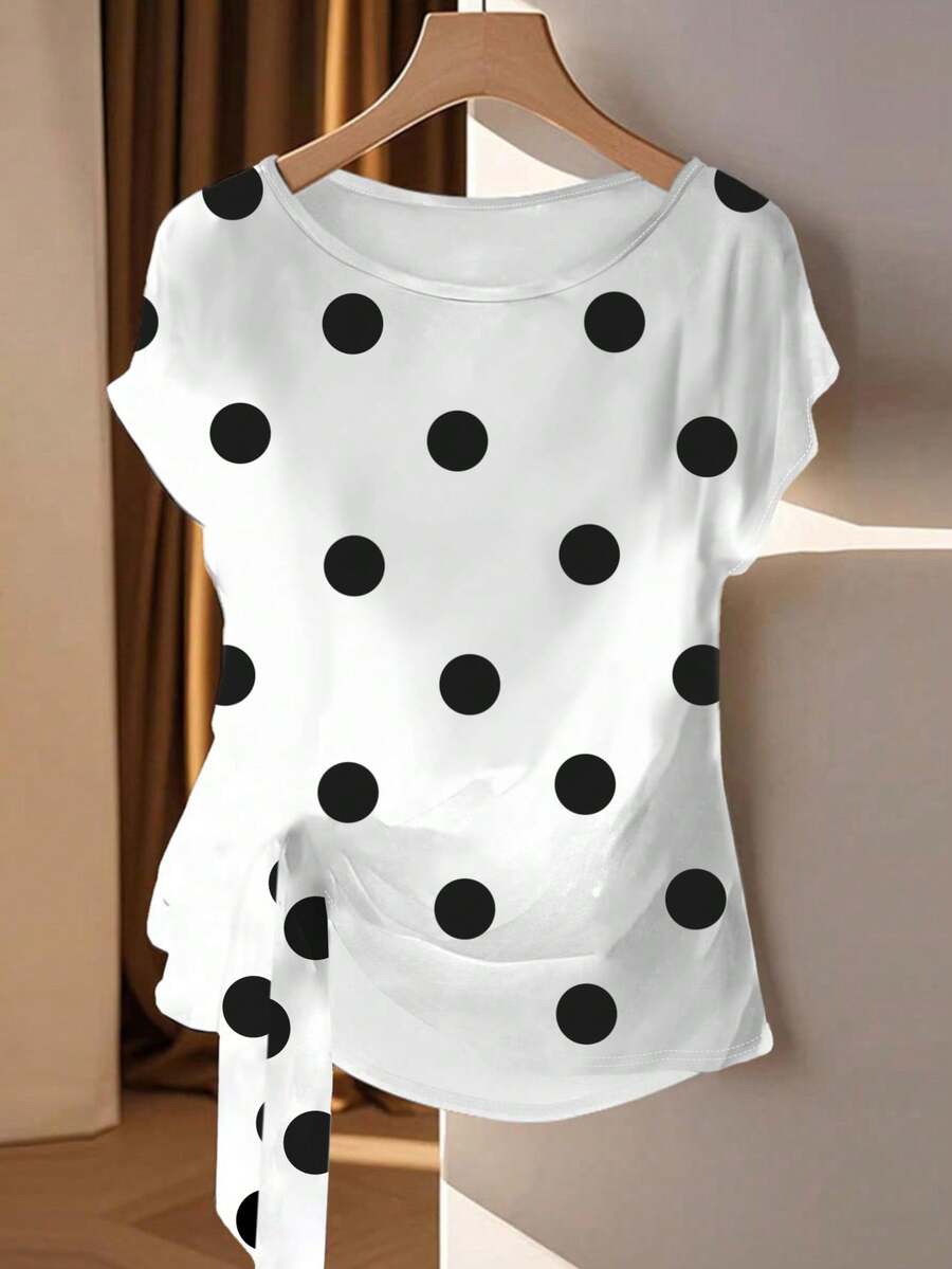 Casual Polka Dot Tie Front Sleeveless Round Neck Blouse With Bow Hem Slit For Women, Summer Holiday - Multicolor - View 1