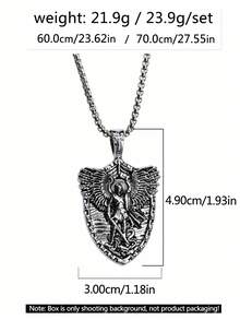 1pc Men's Stainless Steel Vintage Style Saint Michael Sword Shield Pendant Necklace, European & American Titanium Steel Angel Necklace Jewelry, Suitable For Daily Wear
